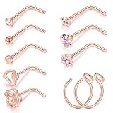 Kangyijia 20G 10Pcs Nose Studs Rose Gold Surgical Steel L-Shape Nostril Studs Screws Nose Ring Hoop Piercing