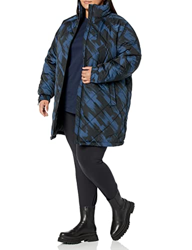 AMAZON ESSENTIALS WOMEN’S RELAXED-FIT RECYCLED POLYESTER MID LENGTH PUFFER COAT (AVAILABLE IN PLUS SIZE) (PREVIOUSLY AMAZON AWARE), DEEP BLUE BRUSH STROKE, X-LARGE