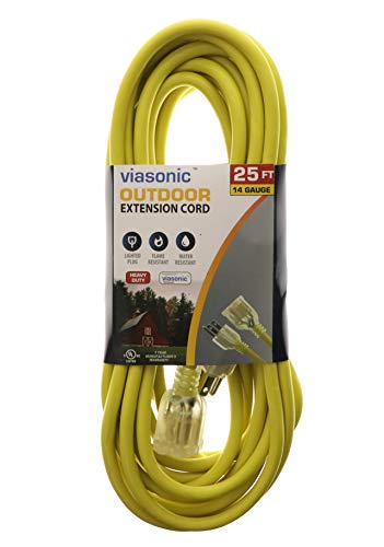 Viasonic Outdoor Extension Cord UL listed - 25FT - Heavy Duty & Durable, 14 Gauge, Safety Yellow Cord, Premium Lighted Plug, by Unity