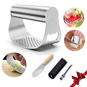 Garlic Press Rocker Stainless Steel Garlic Crusher with Opener and Silicone Garlic Peeler Kitchen Gadgets 304 Food Grade…