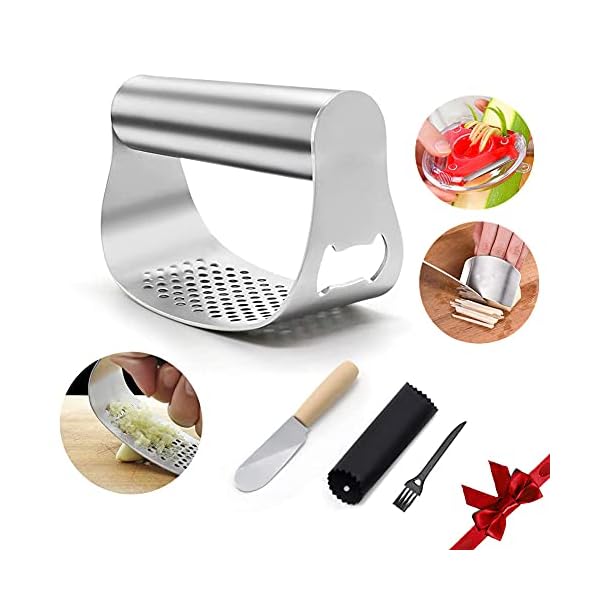 Garlic Press Rocker Stainless Steel Garlic Crusher with Opener and Silicone Garlic Peeler Kitchen Gadgets 304 Food Grade…