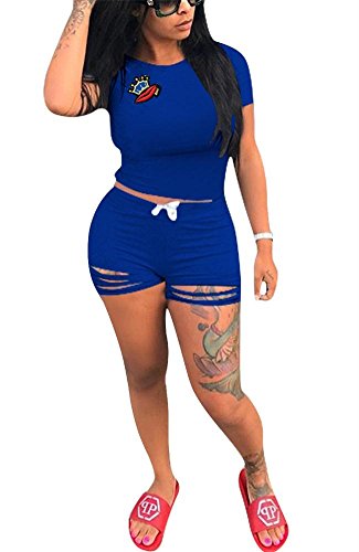 VLUNT Women Hollow Out 2 Piece Set Short Sleeves T Shirt and Bodycon Short Pants Outfits Activewear,Blue-XXXL