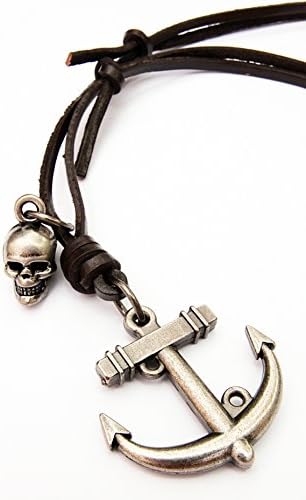 Antique Vintage choker Anchor Nautical Skull Charm Pendant Genuine Leather Necklace nautical anchor necklace Brown