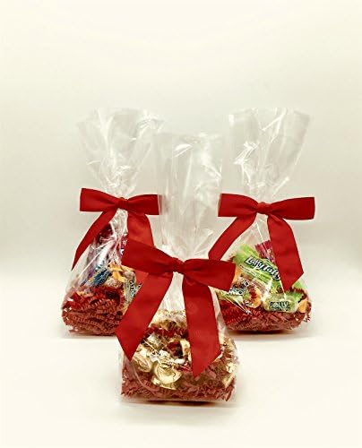 Clear Flat Cellophane Bag with Crinkle Cut Paper and Pre-Tied Ribbon Bows Treat Kit (Red)