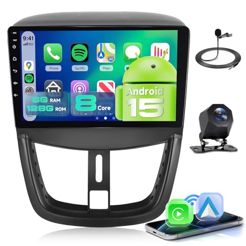 【8 Core 6+128G】 for Peugeot 207 2005-2015 Car Radio with Wireless CarPlay Android Auto, 9 Inch IPS Touch Screen with FM/RDS Radio, GPS, Bluetooth 5.0, Rear View Camera for Peugeot 207