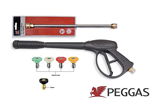 PEGGAS - Pressure Washer Spray Gun, Wand & Nozzle Kit - Power Washer Gun - Electric Pressure Washer Gun- 16" Pressure Washer Wand - 5 Piece Pressure Washer Tips - Pressure Washer Accessories - M22