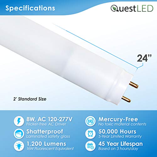 T8 T10 T12 LED 2FT Tube Light (30 Pack) Type A & B Tube Works with or Without Ballast, Single or Double Ended Powered; 8W=25W Equiv; 1000 LMS (Cool White 4000K) Fluorescent Replacement Tube