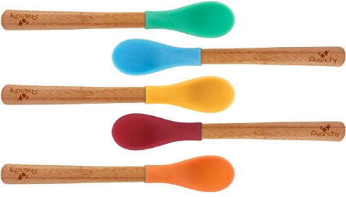 Avanchy First Stage Infant Feeding Spoons Natural Bamboo Soft Silicone Tip Baby Spoon | Curved Training Hold | Travel Gift Set for Baby | 6.5" L X 1" W - 5 Pack (Assorted)