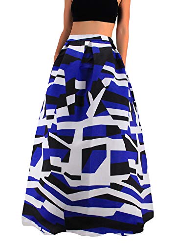 Novia's Choice Women African Floral Print Pleated High Waist Maxi Casual A-Line Skirt(Navy Blue Stripe L)