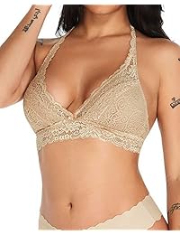 Sujetador de encaje con cuello en V para dama, con cuello push-up y cuello descubierto floral