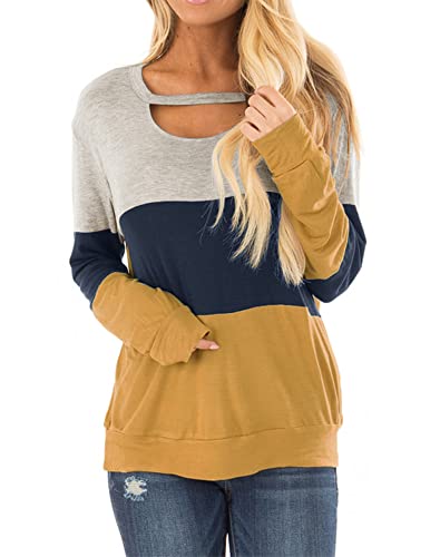 MINCLOUSE WOMEN’S COLOR BLOCK LONG SLEEVES TUNIC CUTOUT CHOKER TOPS CREW NECK CASUAL LOOSE BLOUSES CUTE SWEATSHIRTS