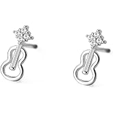 Cute CZ Hollow Violin Tiny Small Stud Earrings for Women Teen Girls Cartilage Tragus Sensitive Ear S925 Sterling Silver Mini Piercing Post Personalized Fashion Jewelry Hypoallergenic Minimalist Gifts