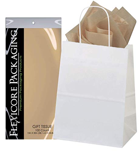 Flexicore Packaging White Kraft Paper Gift Bags & Parchment Tan Gift Wrap Tissue Paper Size: 8 Inch X 4.75 Inch X 10.5 Inch | Count: 50 Bags | Color: Parchment Tan