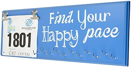 Running Medal Display Rack and Bib Holder, Beautiful Handcrafted Wood Sign, Wall Mounted, 22" x 7", 11 Hooks, Holds Up to 30+ Medals, Find Your Happy Pace, Blue