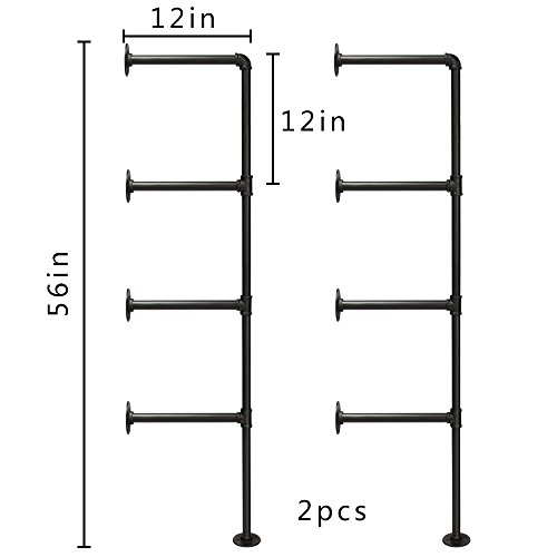 3S 4-Tiers Rustic Urban Style Metal Wall Mounted Iron Pipe Ledge Shelf, Bracket Pipe Wall Shelf DIY Storage Organizer (2 pcs),Black