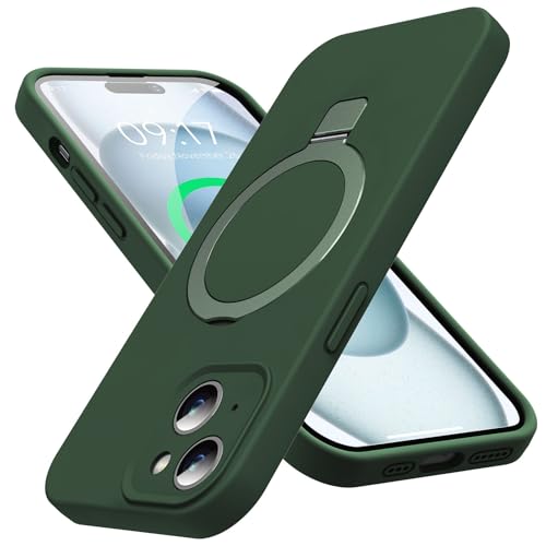 KMAMBAG Mag-Ring Designed for iPhone 15 Case, Liquid Silicone [Moisturizing Factor] Extreme Soft Slim Phone Case with Stand [Compatible with MagSafe] for iPhone15 6.1 inch Men Women, Dark Green
