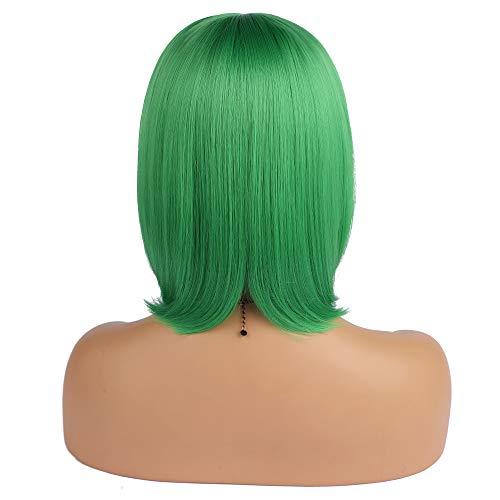 eNilecor Short Bob Hair Wigs 12" Straight with Flat Bangs Synthetic Colorful Cosplay Daily Party Wig for Women Natural As Real Hair+ Free Wig Cap (Green) - Thumbnail 3