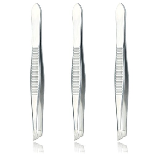 Luxxi (3 Pack) Slant Tweezers - Precision Stainless Steel Slant Tip Tweezers Hair Plucker for Hair and Eyebrows Personal Care (Silver Tone)