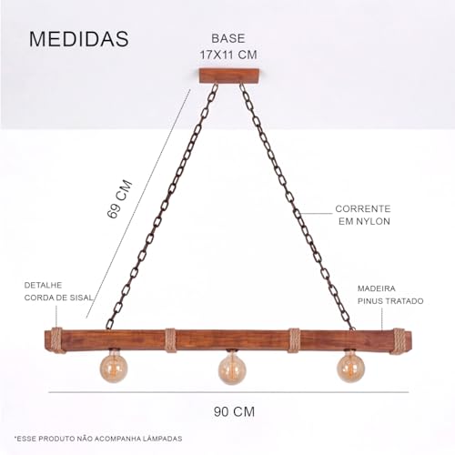 Lustre de Teto Luminária Pendente Caibro Madeira Rústica e Sisal - 3 Bocais E-27 (90cm) Bivolt - Área Gourmet e Churrasqueira - Corrente Anti-Ferrugem