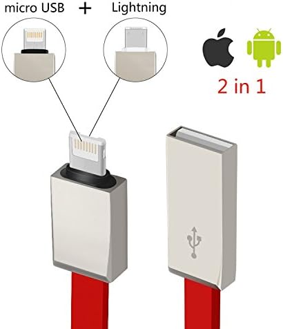 Micro USB and Lightning 2 in 1 Cable Data Transfer Charging Cord 3 Feet Red