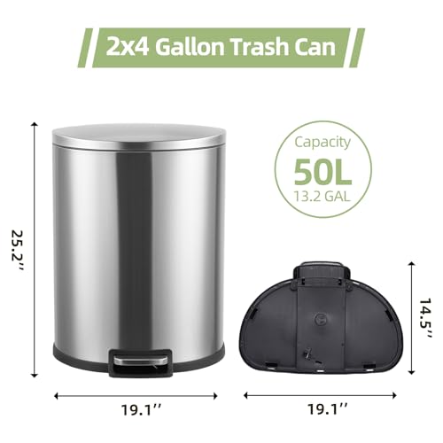 Garvee 50 Liter Stainless Steel Kitchen Trash Can with Step Pedal & Soft Close Lid, Fingerprint-Proof Oval Garbage Bin with Removable Inner Bucket for Home Kitchen Office