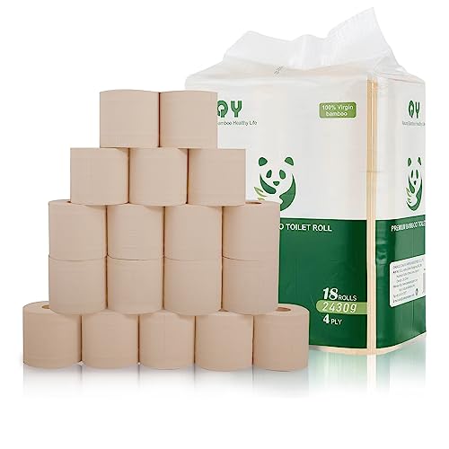 QingYa Bamboo Toilet Paper, 4-Ply, 18 Rolls, 200 Sheets Per Roll, Total 3600 Sheets, Unbleached, Sustainable and Tree Free, Soft, Strong, Earth-Friendly