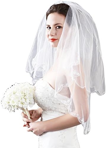 Leekida Ivory 2T 2 Tiers Floral Embroided Lace Pearl Veil Fingertip Length Ivory