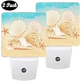 Pfrewn Summer Beach Seashell Starfish Night Light Plug in Set of 2 Tropical Palm Conch Nightlights LED Auto Dusk-to-Dawn Sensor Lamp for Bedroom Bathroom Reading Kitchen Hallway Stairs Decorative