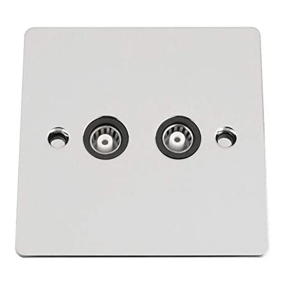 TV Coaxial Aerial Socket Double 2 Gang - Polished Chrome - Flat - Black Insert