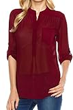 KLKD Women's 3/4 Roll-Up Sleeve Button Closure Henley Neck Top