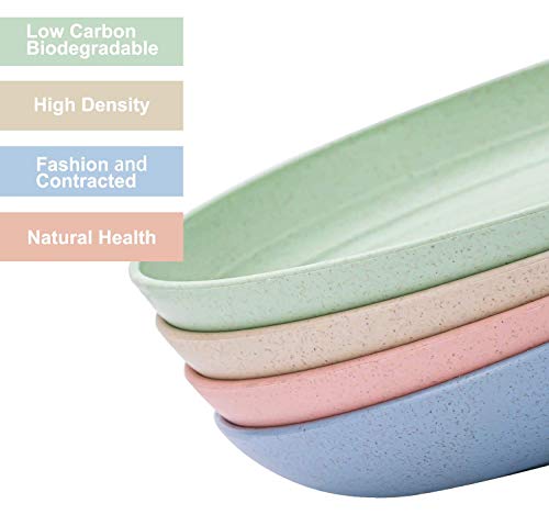 Saike 7.8\'\' 4Pack Wheat Straw Plates Reusable, Microwave and Dishwasher Safe Unbreakable Dinner Plates, Lightweight Snack Plates with Forks and Spoons