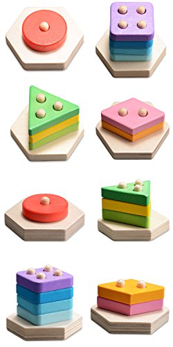 Wooka Wooden Preschool Geometric Stacking Puzzle Educational Shapes and Colors Sorting Board Early Developmental Stacking Block Chunky Toys for Kids
