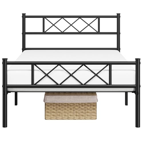 Yaheetech Twin Metal Platform Bed Frame Mattress Foundation with Headboard and Footboard No Box Spring Needed Under Bed Storage Steel Slats Black