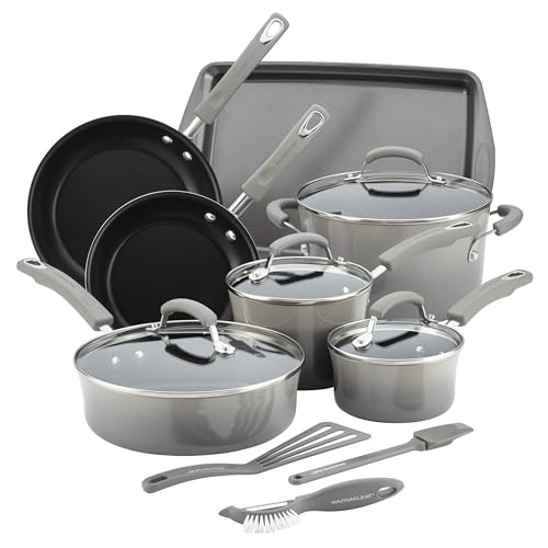 Rachael Ray Classic Brights Hard Enamel Aluminum, 14-Piece, Sea Salt Gray