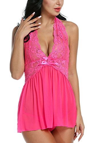 Avidlove Women Lingerie See-through Outfits Halter Babydoll Double Bowknot Chemise Rose Red 3XL