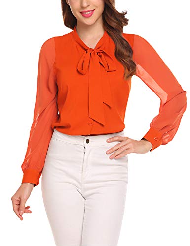 Chiffon Shirt for Women,Casual Bow Tie Neck Long Sleeve Shirt Blouse Tops Caramel