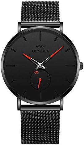 OLMECA Men's Watches Luxury Simple Casual Quartz Analog Waterproof Wrist Watch Stainless Steel Milanese Band Black Color Red Hands for Women