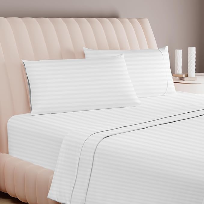 Photo 1 of Carressa Linen Luxury Egyptian Cotton Queen Stripe Sheet Set - 600 Thread Count Extra Long Staple 4 PC Set, Crisp White Queen Damask Sheets, Soft, Cooling Sateen Weave Sheets Upto 18 in Deep Pocket