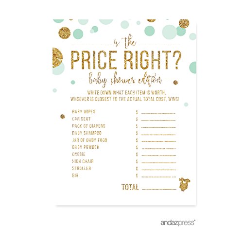 Andaz Press Mint Green Gold Glitter Boy Baby Shower Party Collection, Games, Activities, Decorations, Is the Price Right Game Cards, 20-pack