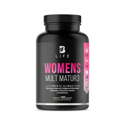 B Life Company Multivitamínico para Mujer Mayor de 40 años con 180 Cápsulas. Ingredientes naturales: Colágeno, Inositol, Maca, Probioticos. Womens Mult Matur3