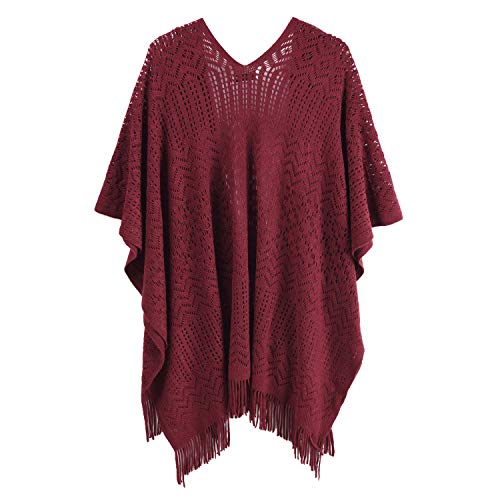 Knit Shawl Wrap for Women Capes Ladies Knitted Scarf Tassel Open Poncho Cardigan (Wine Red)
