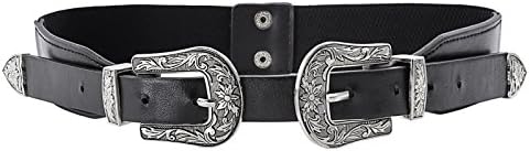 Women Ladies Girls Vintage Fashion Boho Double Metal Buckle Belt Elastic Band (Silver)