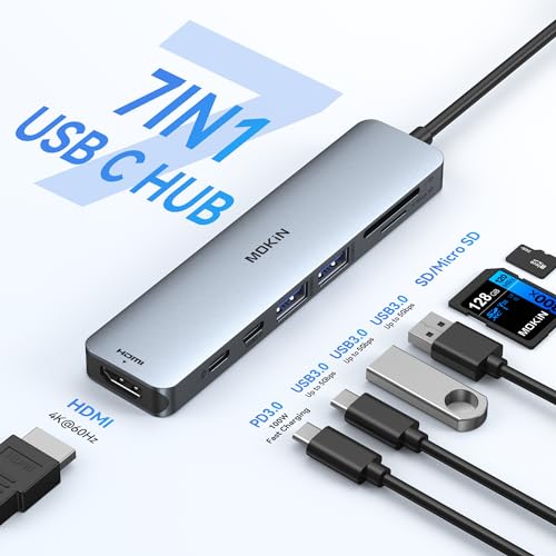 USB C Hub HDMI Adapter for MacBook Pro/Air, MOKiN 7 in 1 USB C Dongle with HDMI, microSD/SD Card Reader, USB C Data Port,100W PD, and 2 USB 3.0 Compatible for MacBook Pro/Air, Dell XPS, Thinkpad.
