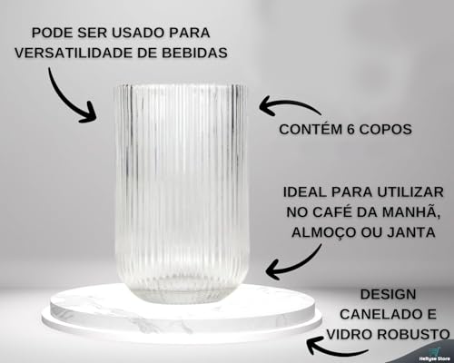 Jogo com 6 Copos Conjunto de Peças de Vidro Transparente, Linha 450ml para Suco e Água