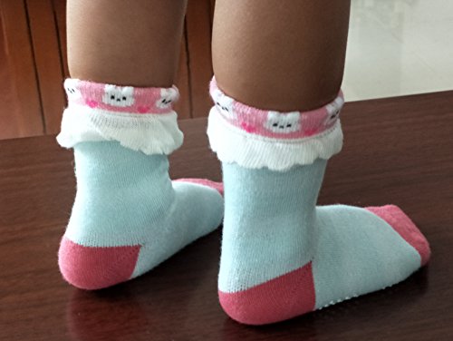 Deluxe Anti Slip Non Skid Crew Socks With Grips For Baby Toddler Kids Girls (3-5 Years, 6-designs/set6)