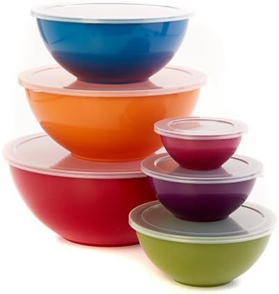 Multi Color Bowl Set Bundle Includes Hot Mitt, Cookie Mix &amp; Cinnamon Roll Mix Tight fitting Lids 12 piece .32 qt to 5.8 qt 6 Bowls Microwave &amp; Dishwasher Safe Nestle for Easy Storage Great Gift
