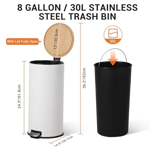 30L Stainless Steel Trash Can with Bamboo Lid, Pedal - Operated Garbage Bin with Removable Inner Bucket for Kitchen, Bathroom, Small Spaces