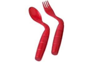 EasieEaters Curved Utensils for Right-Handed Users – 1 Spoon & 1 Fork Set, Without Safety Shields – Colors May Vary