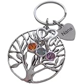 Custom Family Tree Keychain with Birthstone Charms & Custom Engraved Name Tag, For Mom or Grandma