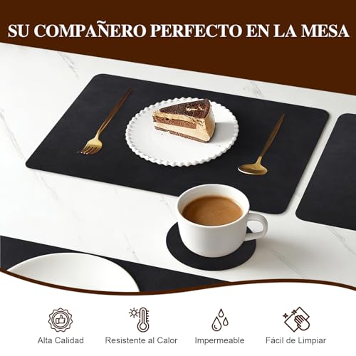 Manteles Individuales para Mesa de Piel, Set de 6 Manteles Individuales y Portavasos, Tapetes para Mesa de Comedor Impermeable, Resistente al Calor, Mantel Individual para el Hogar, Hotel (Negro)
